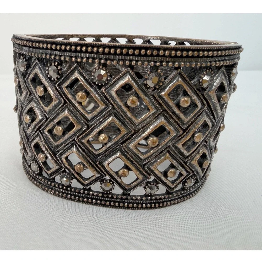 Vintage Bronze Tone Black Smoky Crystal Hinged Cuff Bracelet Woven Chic 103-183